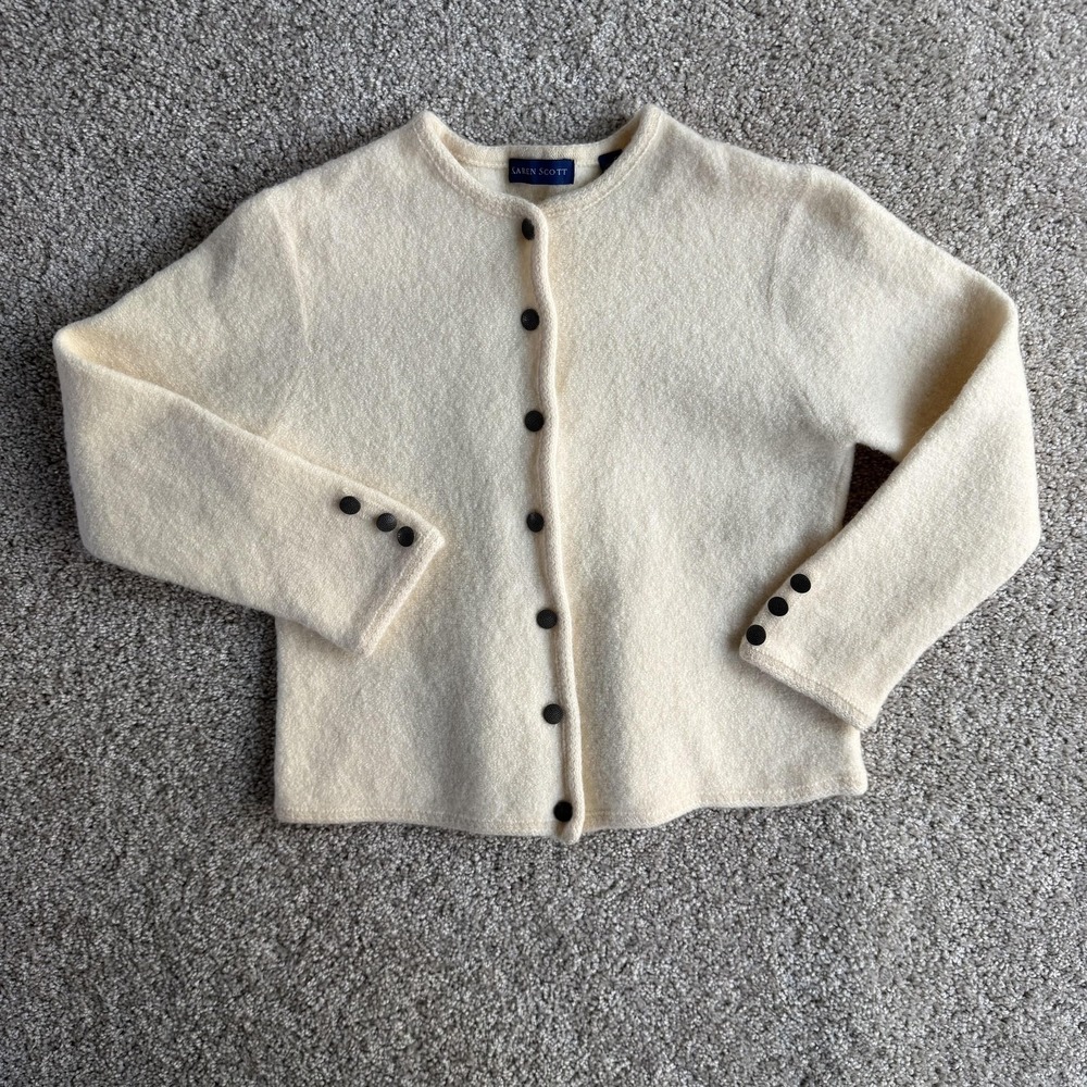 Karen Scott Sweater Womens L White Wool Button Front Collarless Knit Cardigan